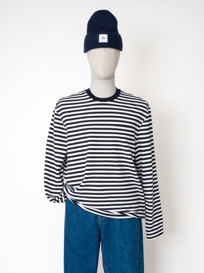 BEY ÇİZGİLİ CEPLİ UZUN KOL T-SHIRT