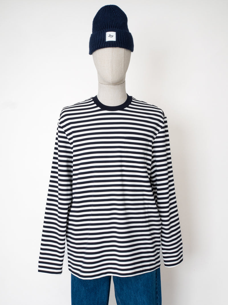 BEY ÇİZGİLİ CEPLİ UZUN KOL T-SHIRT