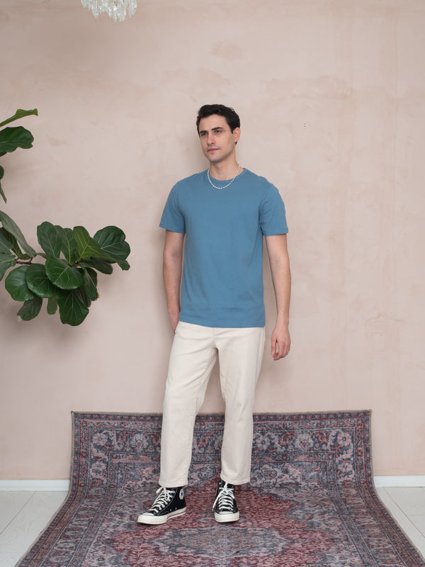 BİYELİ YAKA FIT T-SHIRT İNDİGO MAVİ