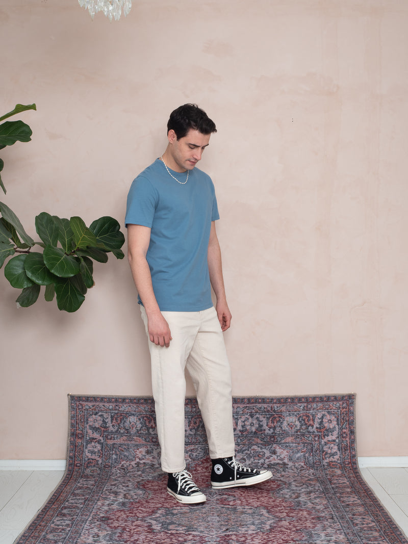 BİYELİ YAKA FIT T-SHIRT İNDİGO MAVİ