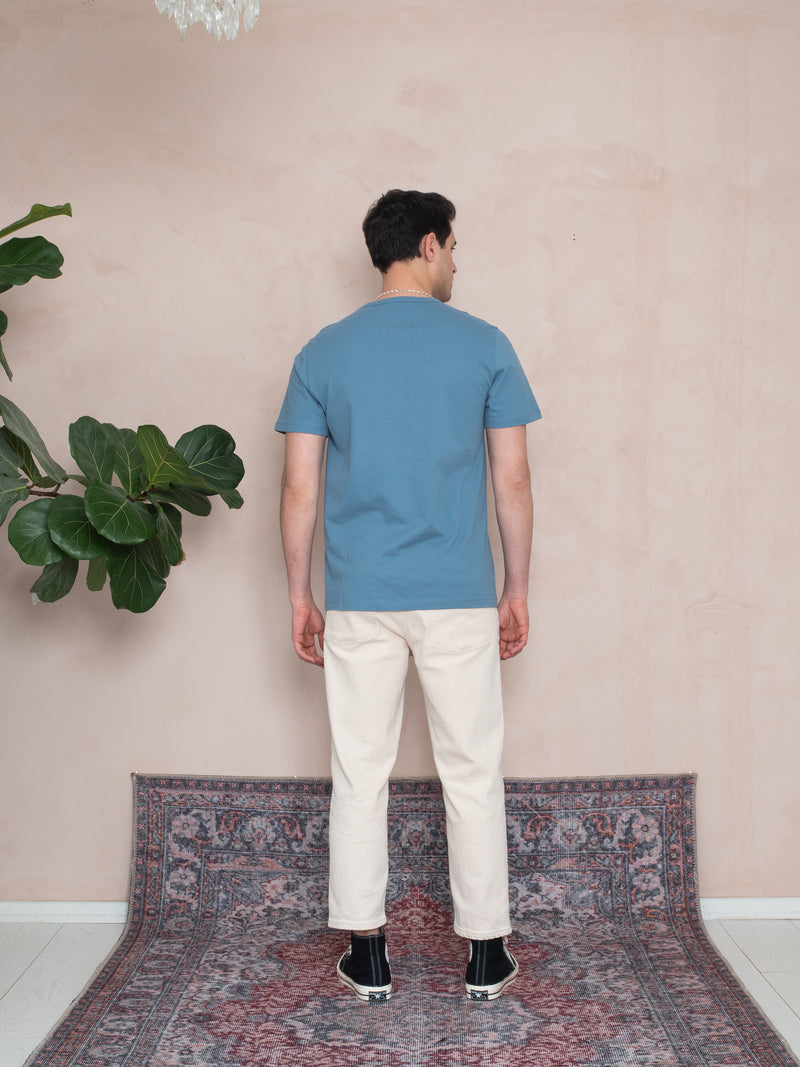 BİYELİ YAKA FIT T-SHIRT İNDİGO MAVİ